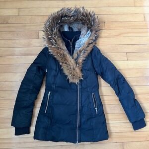Mackage Black Down Parka Fur Trim Hooded Winter Coat Jacket Womens XS TP